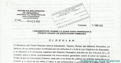 CIRCULAR 000180 EDAD PARA EL 1ER GRADO DE PRIMARIA MPPE