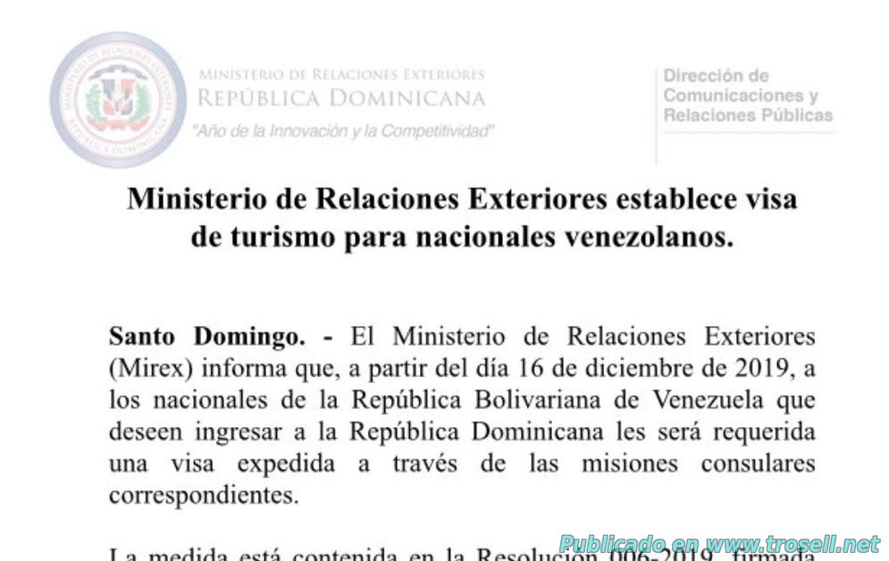 República Dominicana exigirá visa a Venezolanos