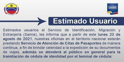 SAIME: Jornada de Cedulación y Pasaporte