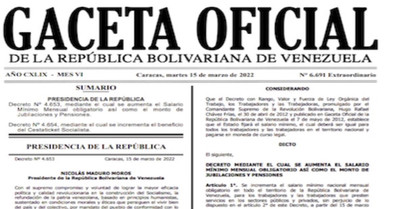 Gaceta Oficial N°6.691:Decreto mediante el cual se aumenta el salario mínimo mensual obligatorio así como el monto de jubilaciones y pension