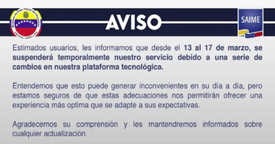 SAIME suspenderá servicios temporalmente