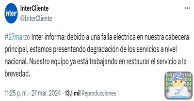 ¡Alerta Inter! Falla Eléctrica Impacta Servicios de Internet