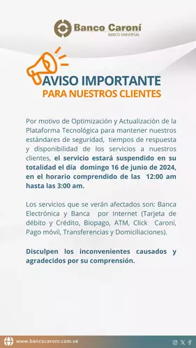 Aviso Importe Banco Caroni