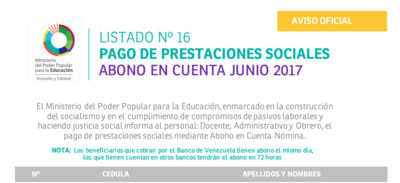 #Enterate Ya! LISTADO 16 SINCERADO #OFICIAL DE PRESTACIONES SOCIALES MPPE