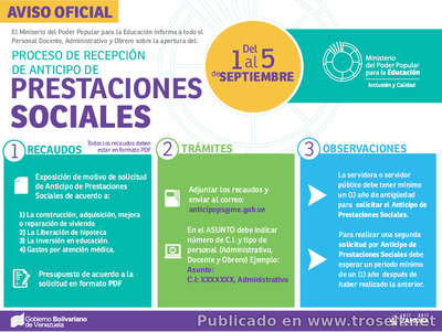 #AvisoOFICIAl #MPPE Inicia proceso de recepción de solicitudes para prestaciones sociales.