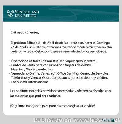 Banco Venezolano de Crédito Suspenderá operaciones este 21 de Abril