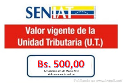 Unidad Tributaria aumenta a 500 Bs. a partir de 1 de Marzo 2018