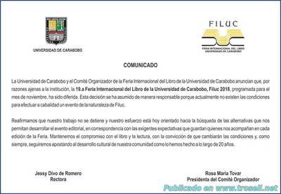 Universidad de Carabobo difiere Feria Internacional del Libro